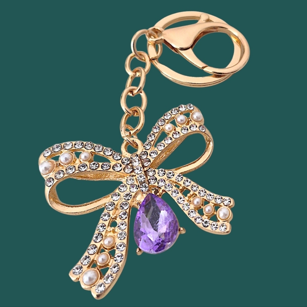 Pearl & Crystal Bow Bag Charm / Keychain with Purple Teardrop Gem